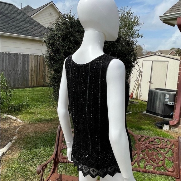 💋Papell Evening Black Beaded Sequined Luxury Camisole - Picture 8 of 15